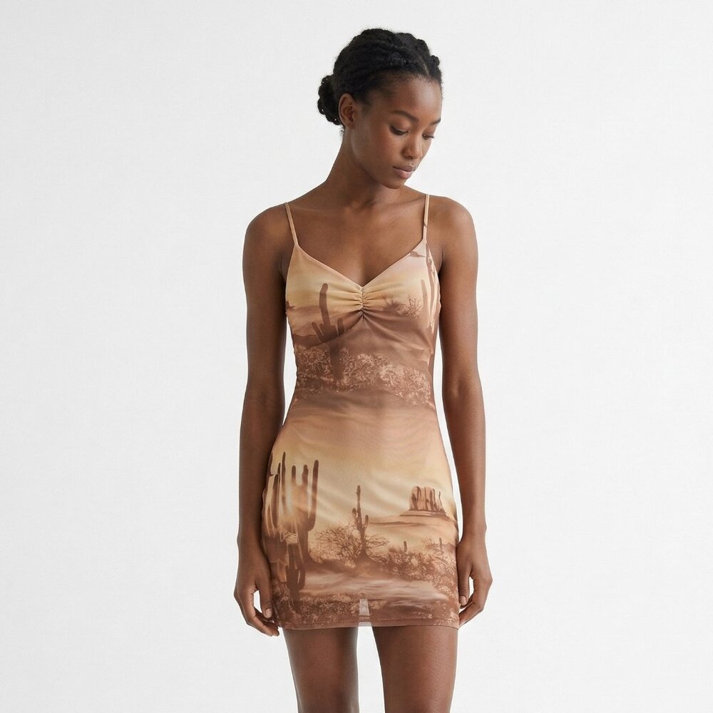Caution to the Wind Dress Tan Babydoll Southwestern Mesh Cactus Desert M